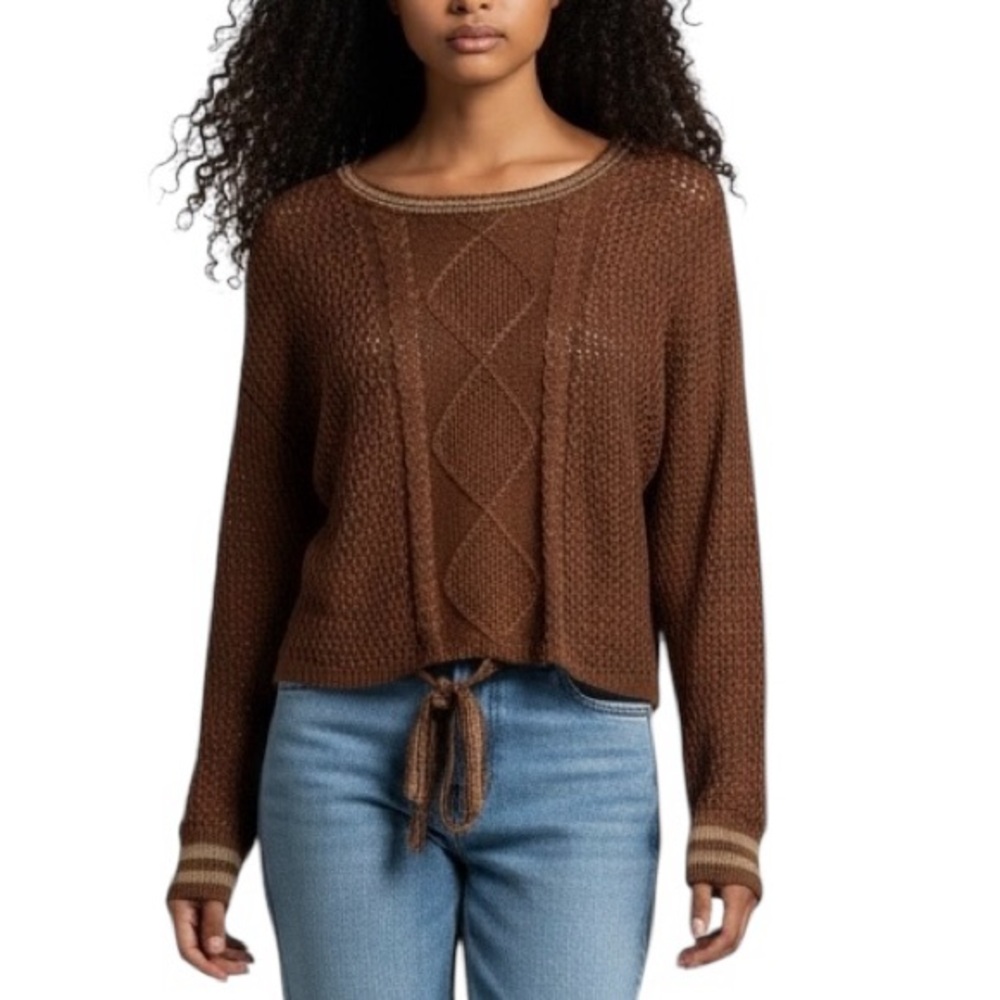 Windsor Chocolate Brown/Tan Trim Knit Sweater Sz S